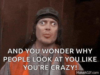 a man wearing a helmet and goggles is saying `` and you wonder why people look at you like you 're crazy ''