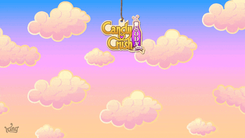 a candy crush soda logo hangs from a string in the clouds