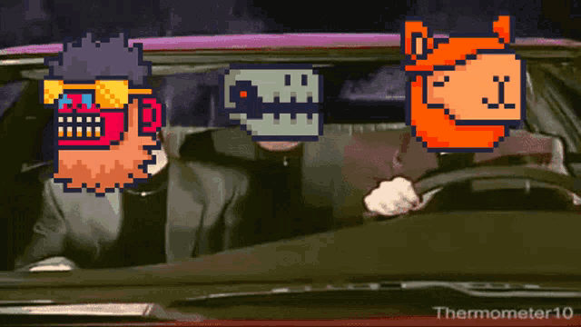 three pixelated characters are driving in a car with the words thermometer10 on the bottom left