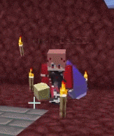 a minecraft character is standing in a room with candles and a red wall .