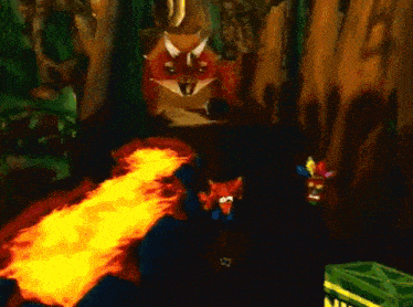 a video game scene with a fox and a dragon with fire coming out of its mouth