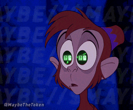 a cartoon of a monkey with green eyes says maybe the token on the bottom