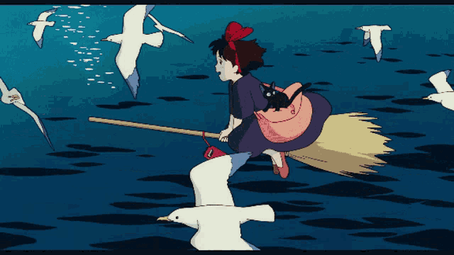 a cartoon of a girl riding a broom in the ocean