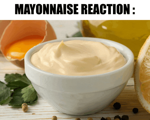 a bowl of mayonnaise next to a cracked egg and an orange