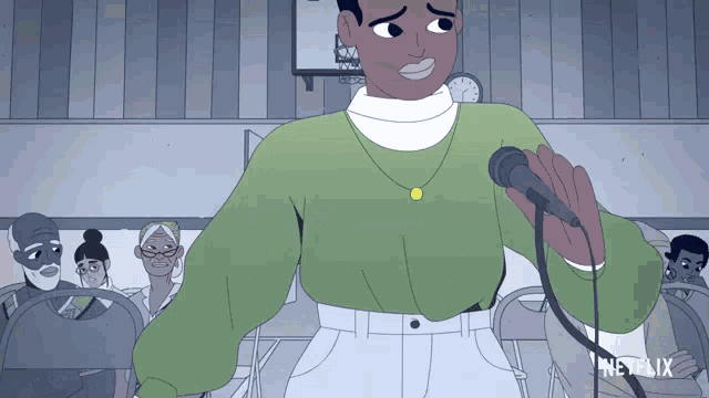 a cartoon of a man holding a microphone with netflix written on the bottom right