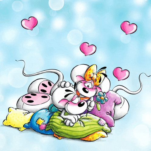 a cartoon of two mice laying on pillows with pink hearts flying around them