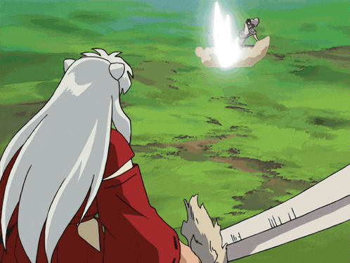 a cartoon of a dog with a sword standing in a grassy field