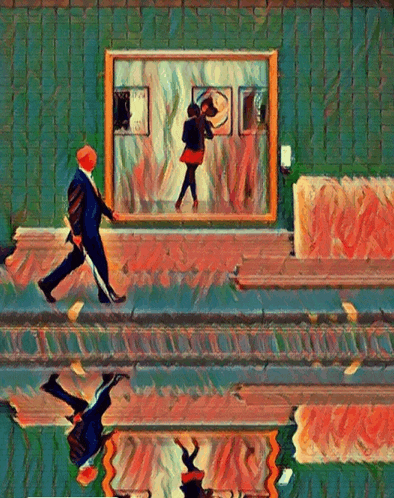 a painting of a man and a woman walking in front of a painting