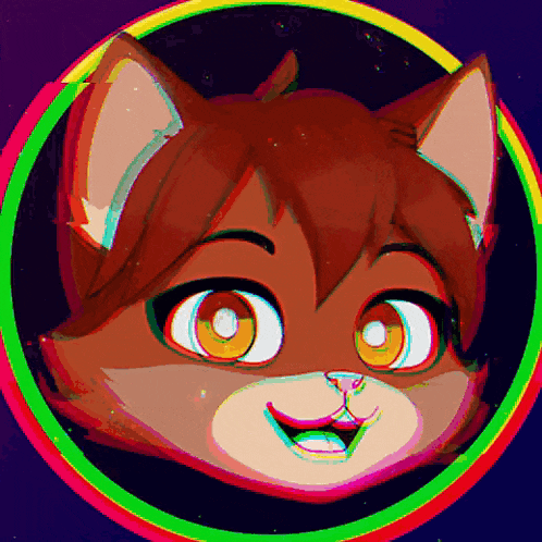 a cartoon drawing of a cat with a rainbow circle around it