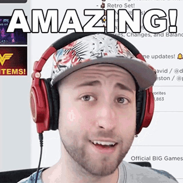 a man wearing headphones and a hat with the words amazing written above him