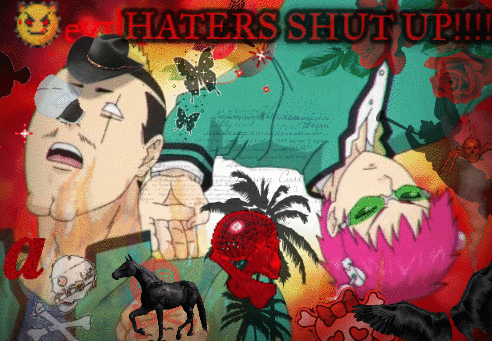 a poster that says " haters shut up " with a man and a girl