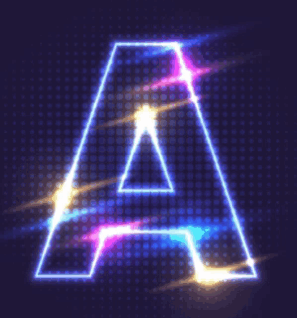 glowing neon letter a on a dark background with dots