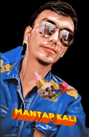 a painting of a man wearing sunglasses and a party hat with the words mantap kali above him