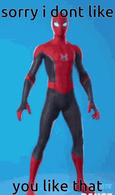 a picture of a spider man with the words sorry i dont like you like that