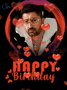 a man with glasses is surrounded by red hearts and says happy birthday
