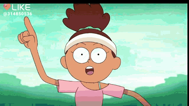 a cartoon of a girl pointing up with a like on the bottom right
