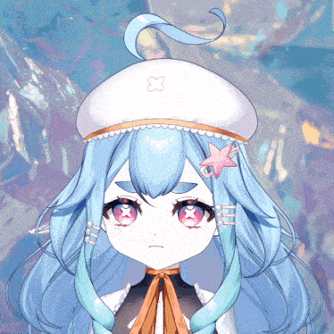 a girl with blue hair and a white hat has a star on her hair
