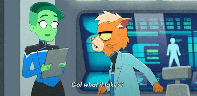a cartoon cat is talking to a woman who is holding a clipboard and saying got what it takes