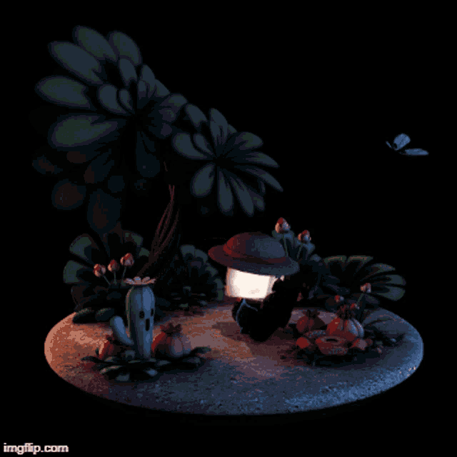 a 3d rendering of a cactus a lantern and a tree with the url imgflip.com