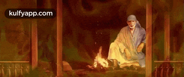 a painting of a man sitting in front of a fire in a room .