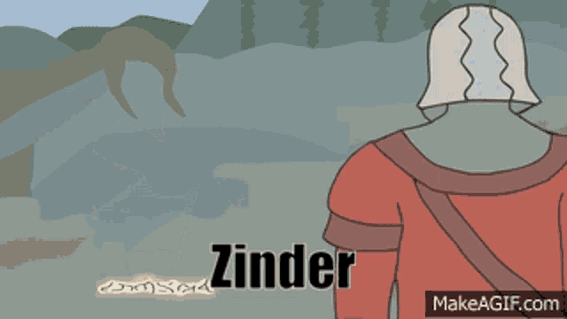 a cartoon of a knight named zinder standing next to another man
