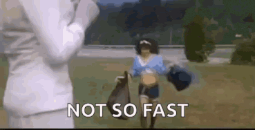 a woman in a cheerleader costume is running in a field with the words `` not so fast '' written next to her .