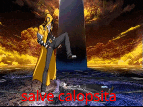 a man in a yellow coat is kicking another man who is laying on the ground and the words salve calopista are visible