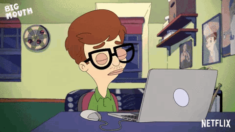 a cartoon of a man sitting in front of a laptop with netflix written in the corner