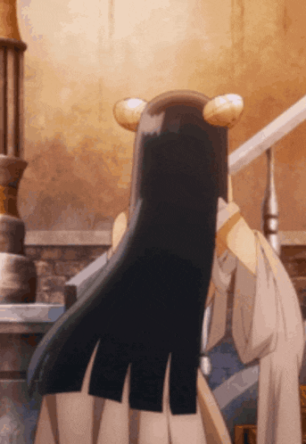 a woman with long black hair and horns is standing on a set of stairs