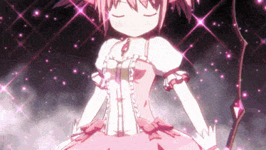 a girl in a pink dress is holding a wand in her hand