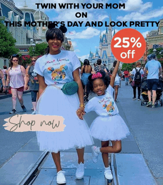 a woman and a little girl are walking down a street with a sign that says 25% off