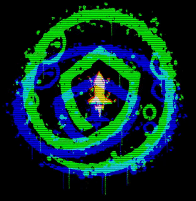 a rainbow colored circle with a rocket in the center