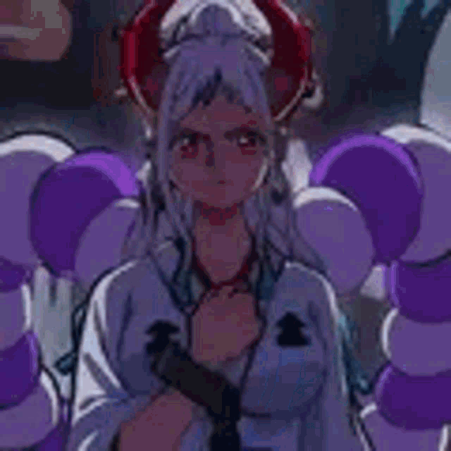 a cartoon girl with horns is standing in the dark .