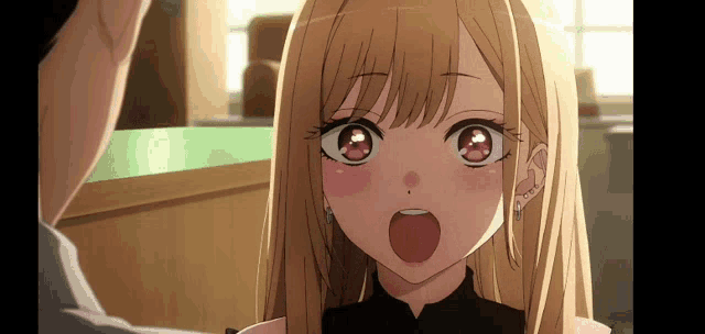 a girl with blonde hair and red eyes is talking to a man with her mouth open