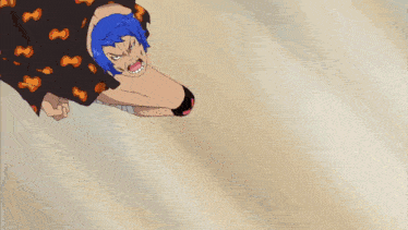 a cartoon character with blue hair and a black shirt with orange spots