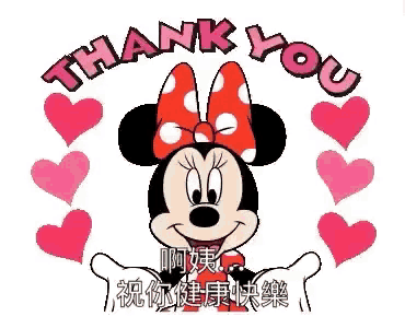 a cartoon of minnie mouse saying thank you with hearts around her