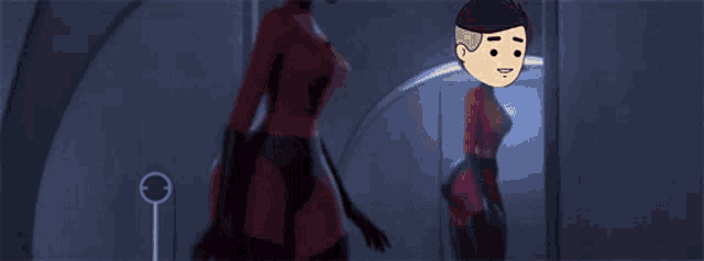 a cartoon of a man looking at a woman in a superhero costume