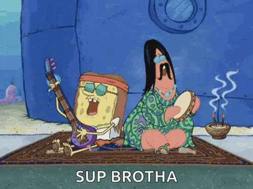 spongebob and patrick from spongebob squarepants are sitting on a rug playing instruments and singing .