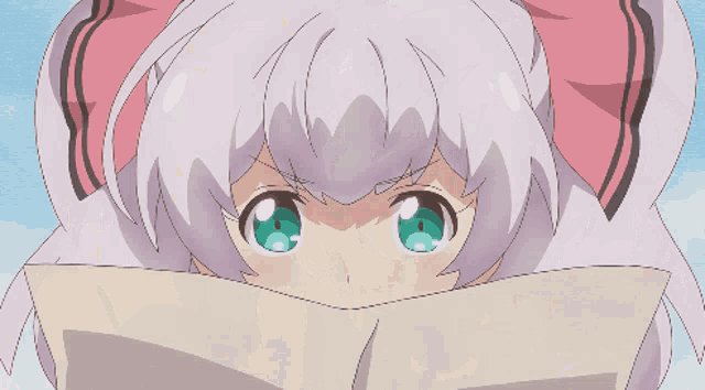 a girl with white hair and green eyes is pointing her finger