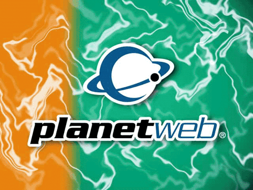 a green and orange background with planetweb written on it