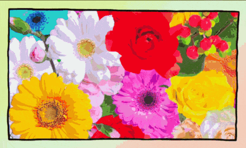 a bunch of different colored flowers are in a square