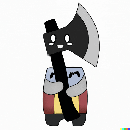 a cartoon character holding a large axe with a face on it