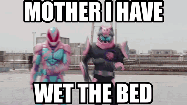 a picture of two superheros with the words mother i have wet the bed below them