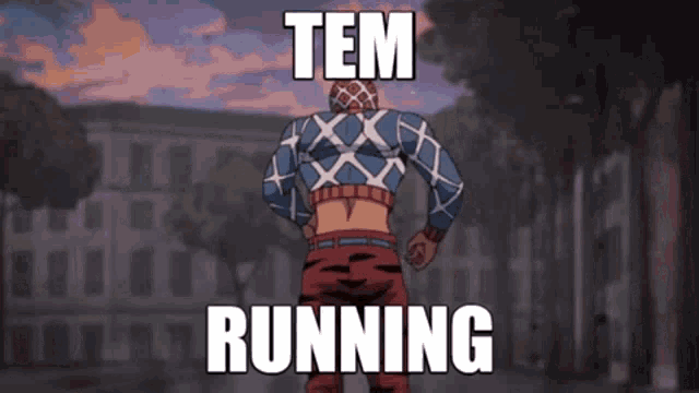 a cartoon character is running down a street with the words tem running on the bottom