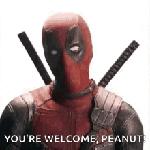 deadpool is holding two swords in his hands and saying `` you 're welcome , peanut '' .