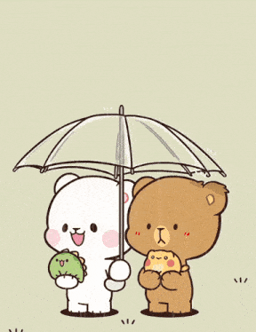 a cartoon of a bear holding an umbrella next to a dinosaur