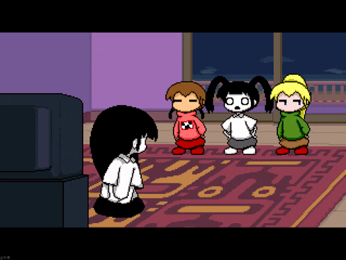 a group of cartoon characters are standing around a television