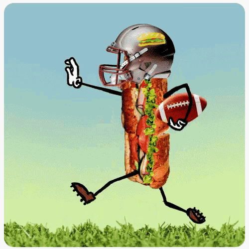 a cartoon drawing of a hot dog wearing a football helmet and holding a football