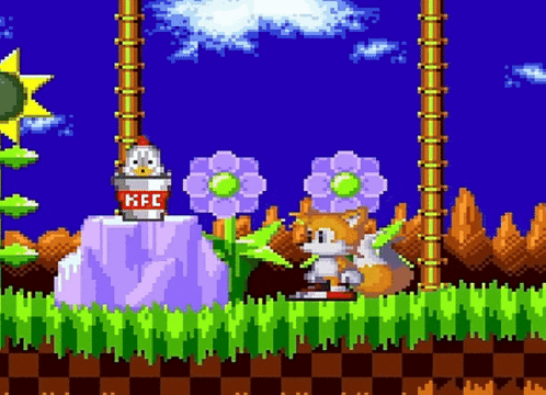 a pixel art of a sonic the hedgehog game with a bucket of kfc on top of a flower