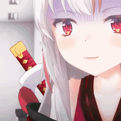 a girl with white hair and red eyes is holding a sword with the letter c on it